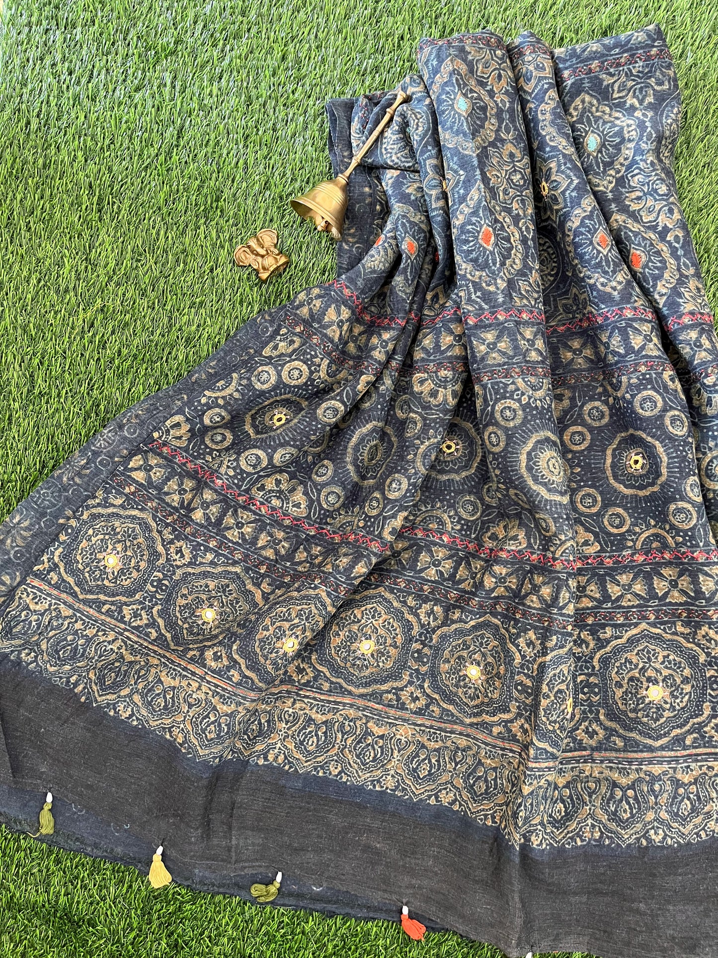 Indigo Ajrakh Embellished Saree on Tussar Silk