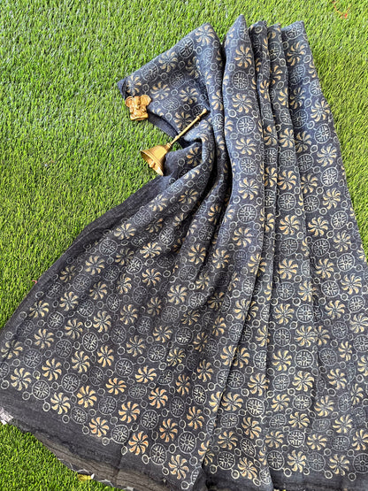 Indigo Ajrakh Embellished Saree on Tussar Silk