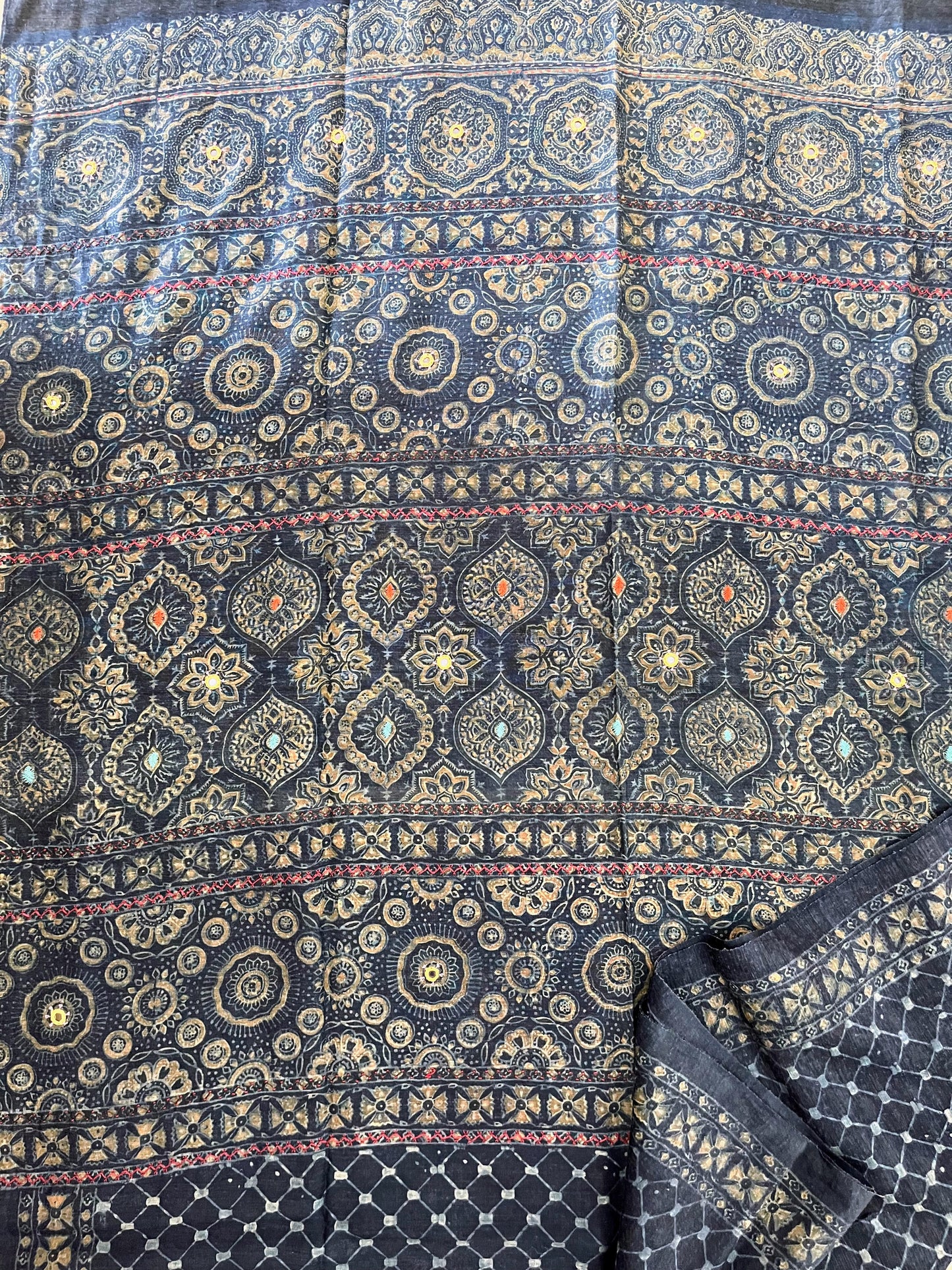 Indigo Ajrakh Embellished Saree on Tussar Silk