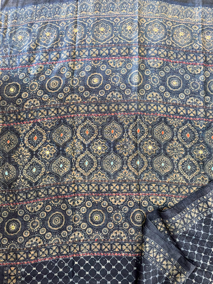 Indigo Ajrakh Embellished Saree on Tussar Silk