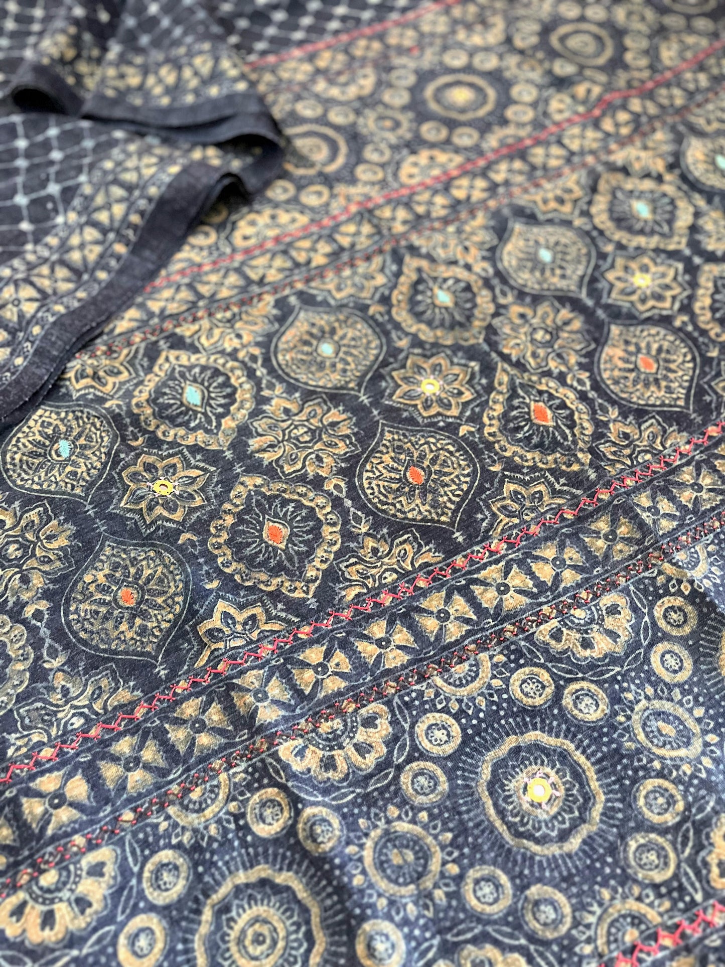 Indigo Ajrakh Embellished Saree on Tussar Silk