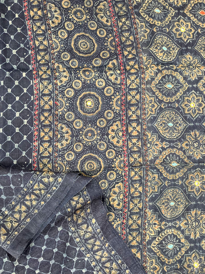 Indigo Ajrakh Embellished Saree on Tussar Silk