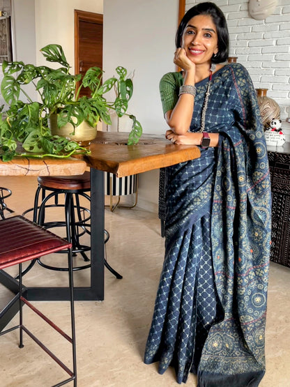 Indigo Ajrakh Embellished Saree on Tussar Silk