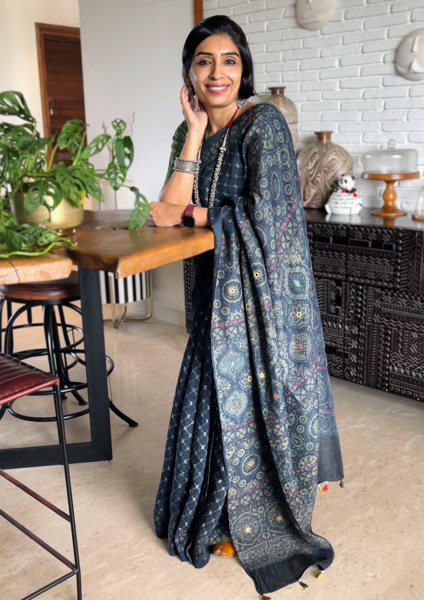 Indigo Ajrakh Embellished Saree on Tussar Silk