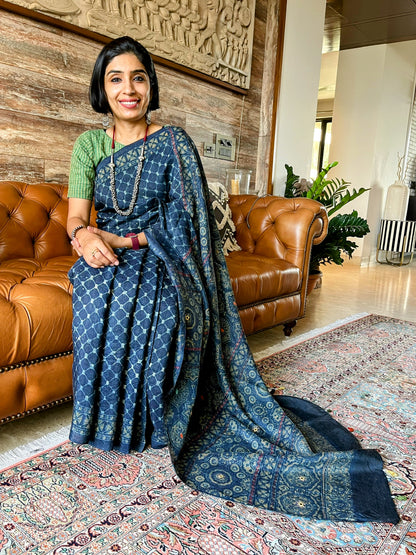 Indigo Ajrakh Embellished Saree on Tussar Silk