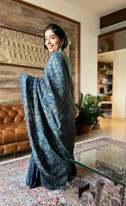 Indigo Ajrakh Embellished Saree on Tussar Silk