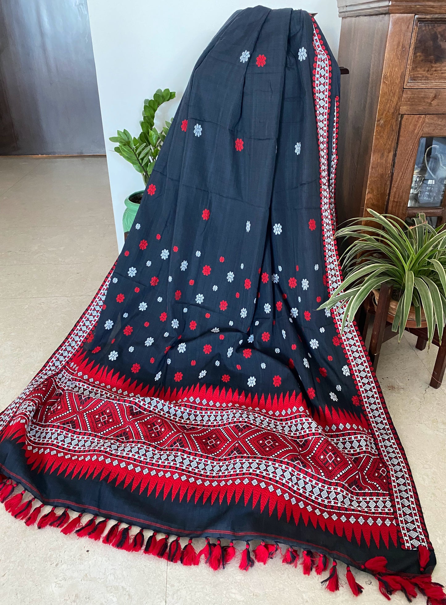 Black + Red Assamese Cotton Saree