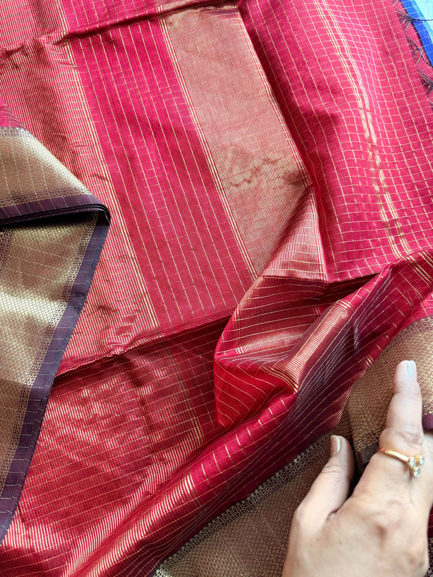 Maroon and Gold Checks Maheshwari Saree