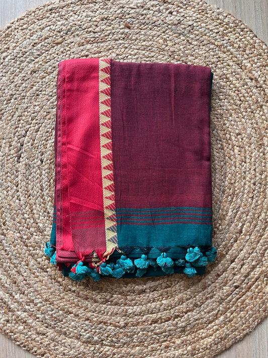Red & Aqua Blue Bengal Cotton Saree