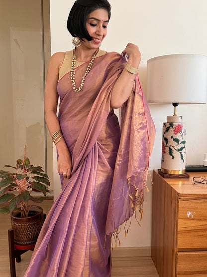 Shimmering Purple and Gold Cotton Zari Saree