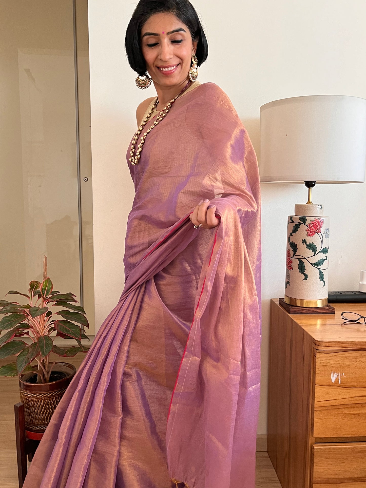 Shimmering Purple and Gold Cotton Zari Saree