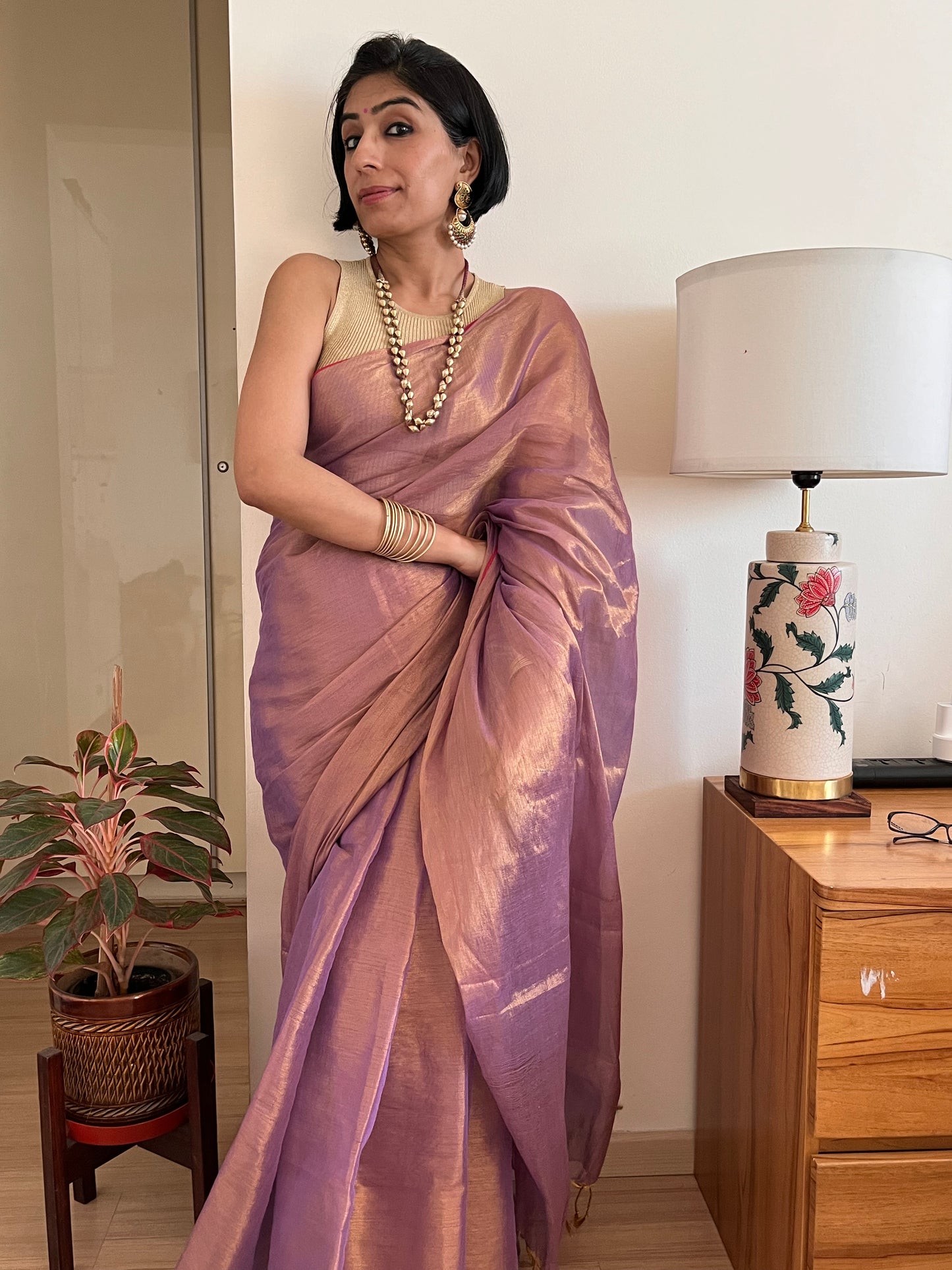 Shimmering Purple and Gold Cotton Zari Saree