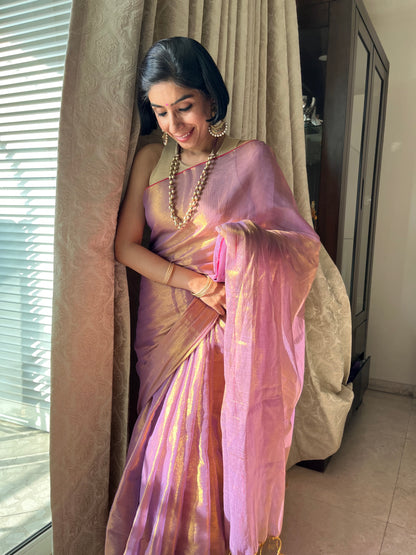 Shimmering Purple and Gold Cotton Zari Saree
