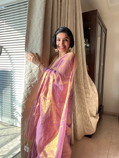 Shimmering Purple and Gold Cotton Zari Saree
