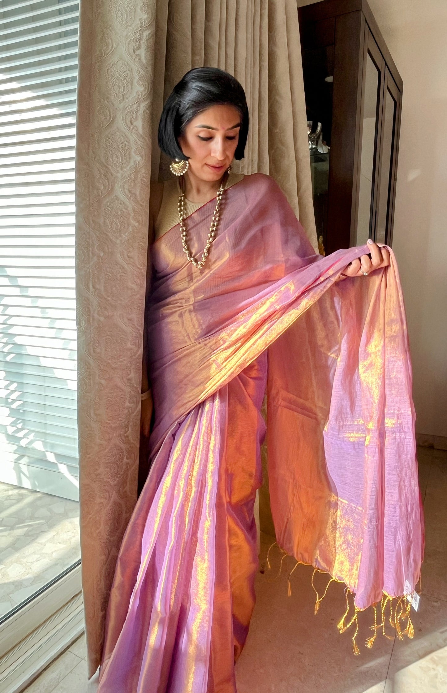 Shimmering Purple and Gold Cotton Zari Saree