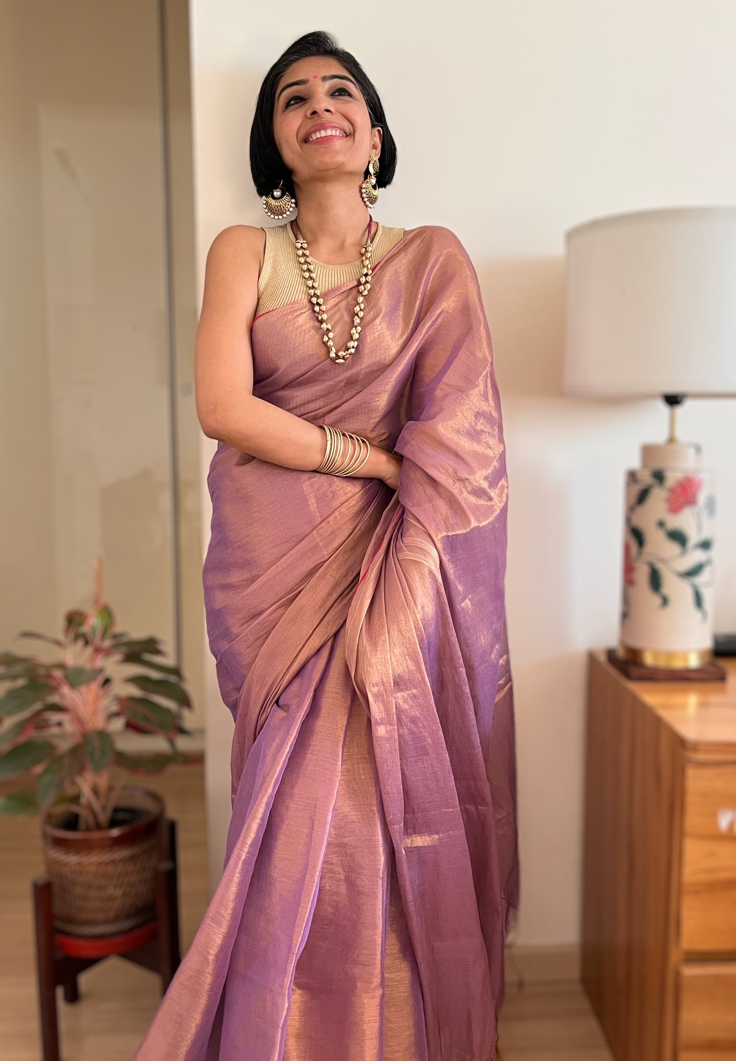 Shimmering Purple and Gold Cotton Zari Saree