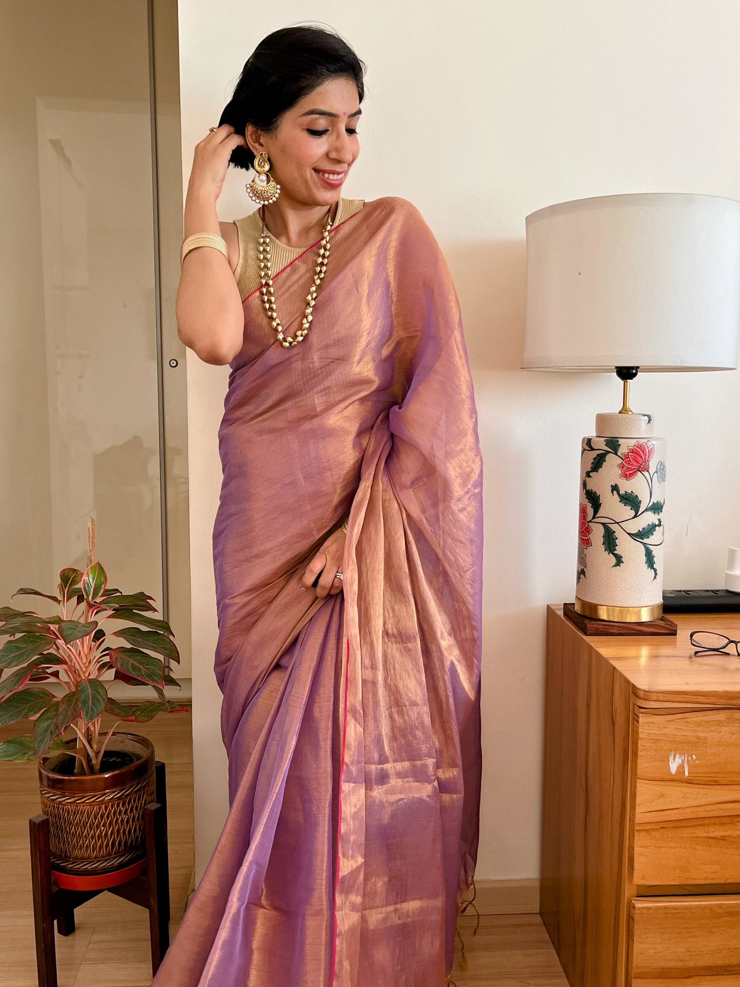 Shimmering Purple and Gold Cotton Zari Saree