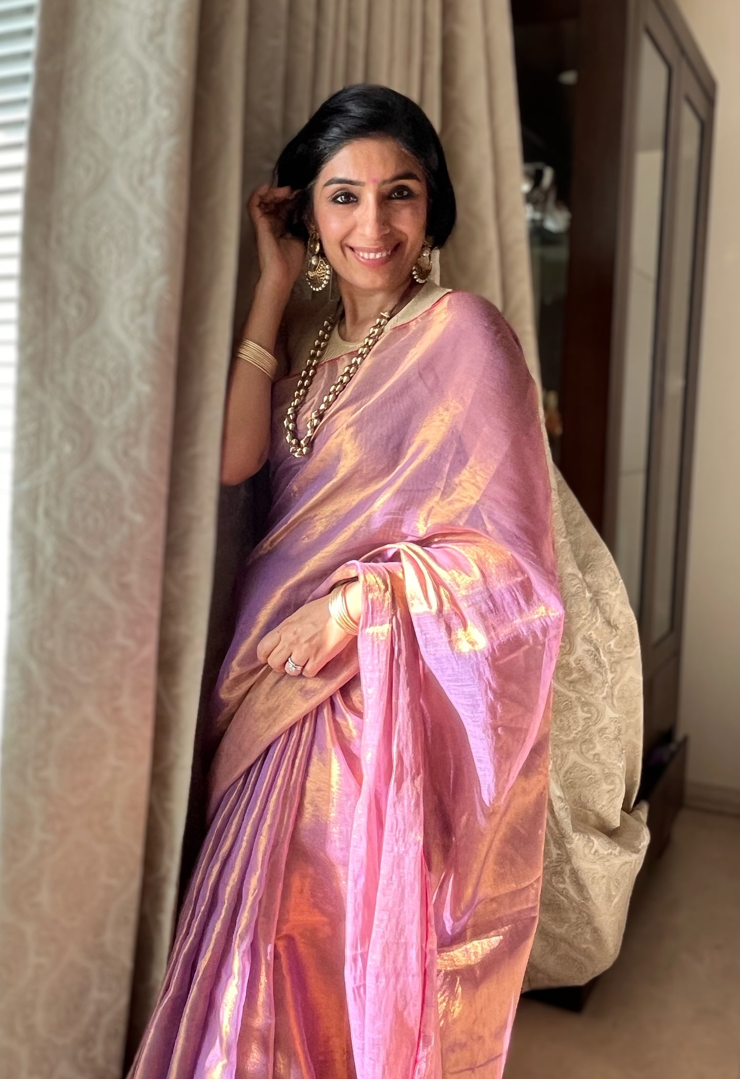 Shimmering Purple and Gold Cotton Zari Saree