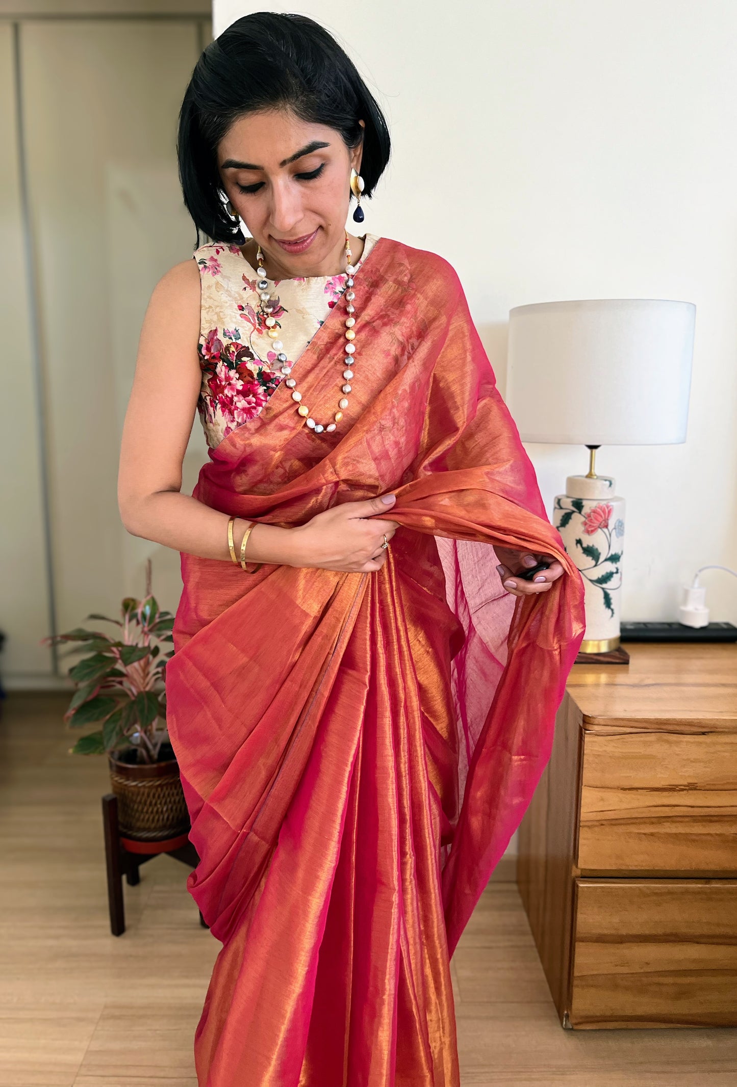 Shimmering Pink & Gold Cotton Zari Saree