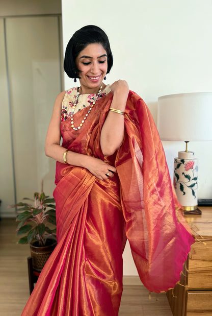 Shimmering Pink & Gold Cotton Zari Saree
