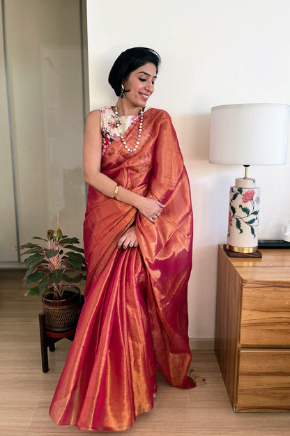 Shimmering Pink & Gold Cotton Zari Saree