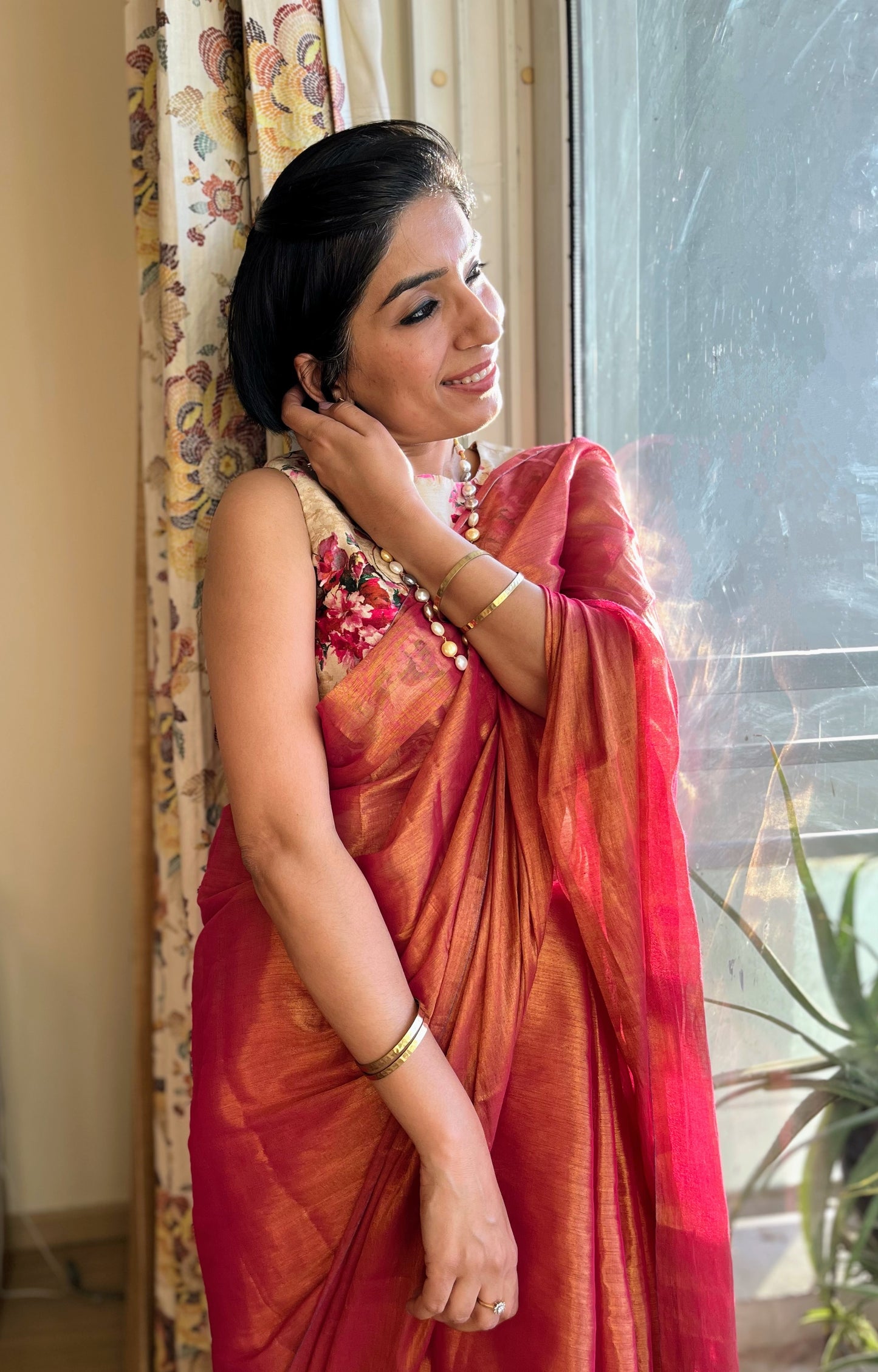 Shimmering Pink & Gold Cotton Zari Saree