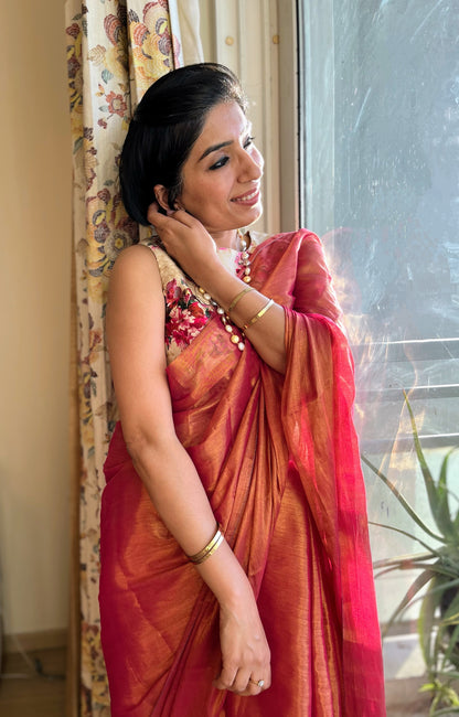 Shimmering Pink & Gold Cotton Zari Saree