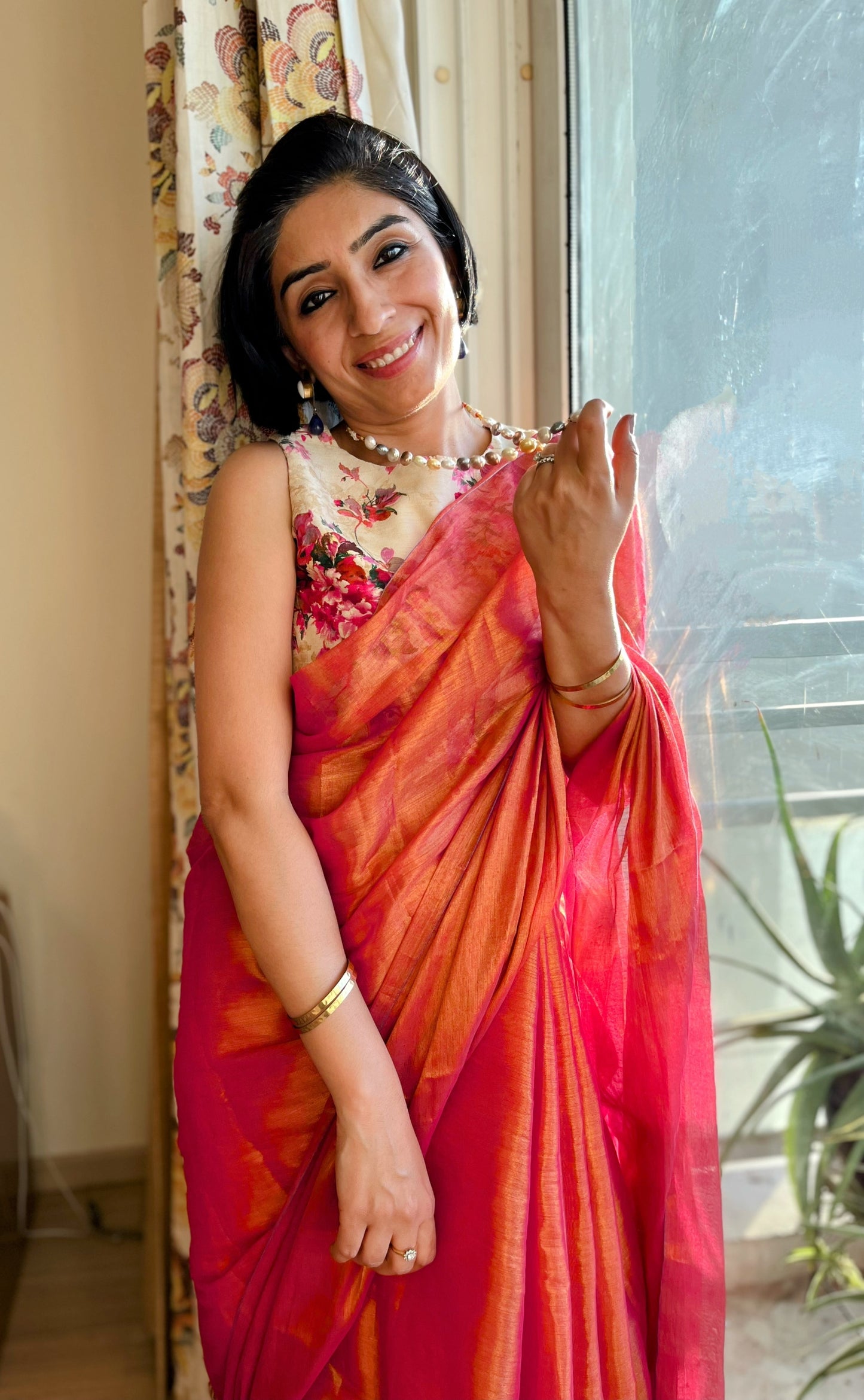 Shimmering Pink & Gold Cotton Zari Saree