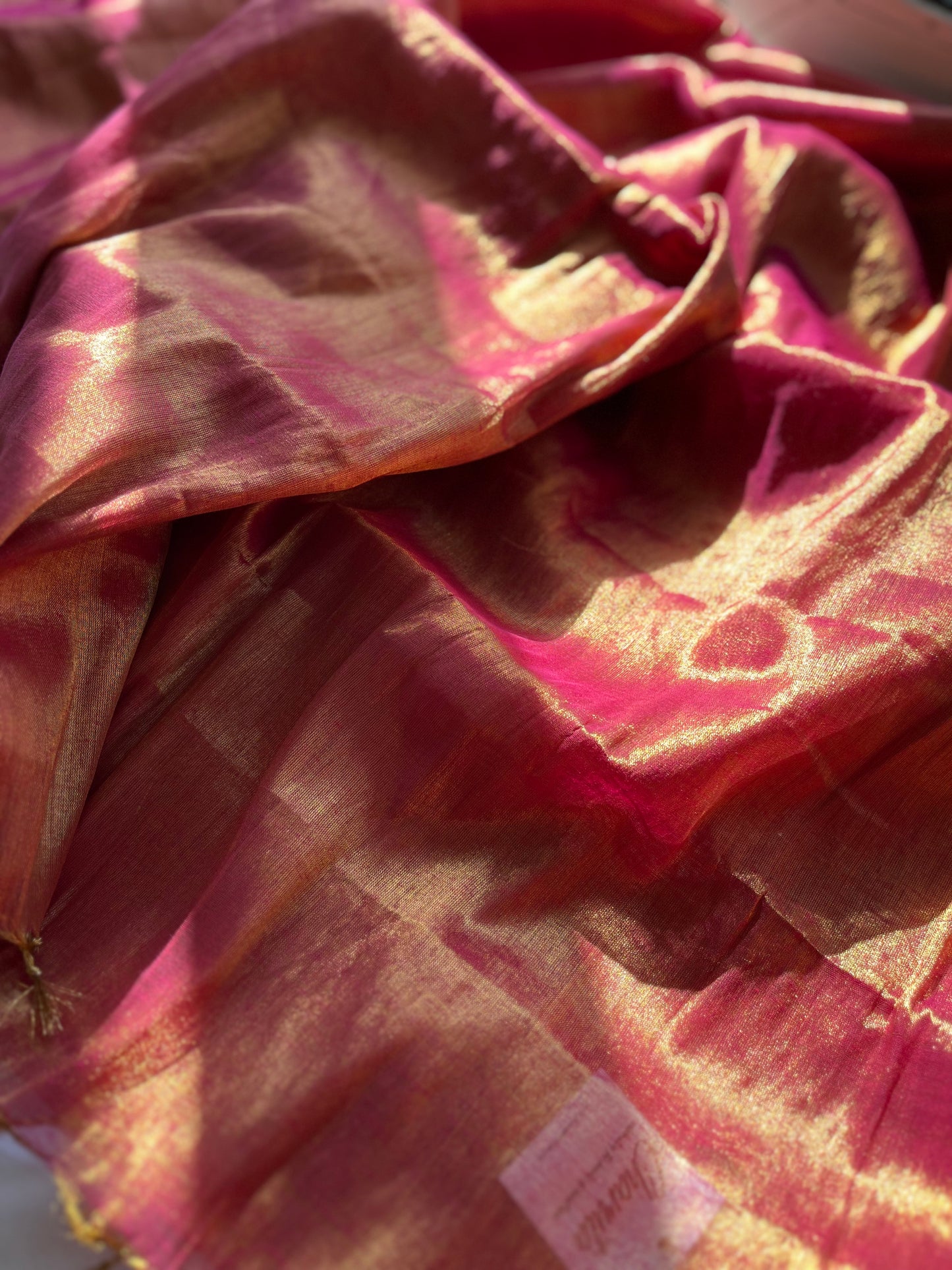 Shimmering Pink & Gold Cotton Zari Saree