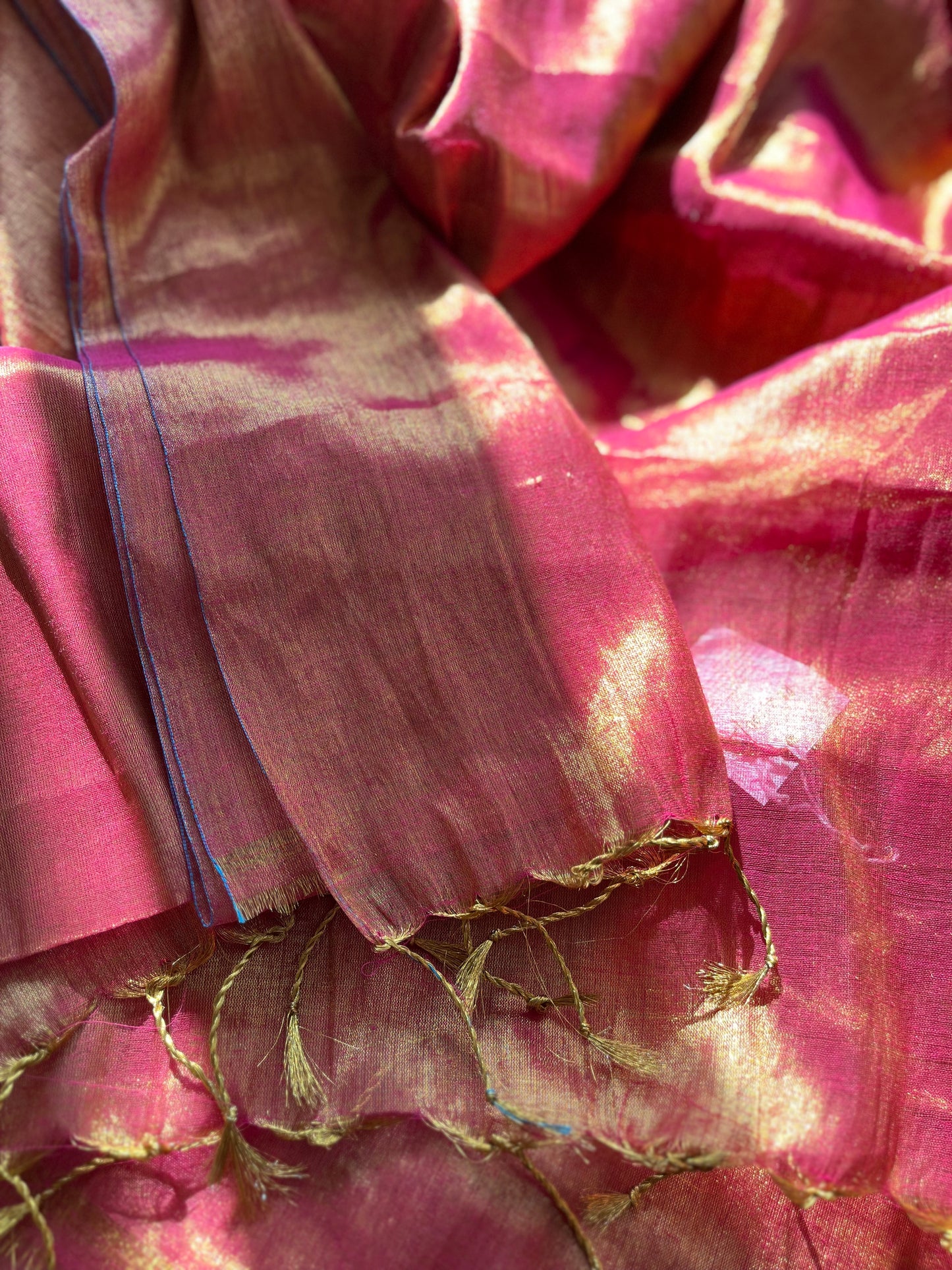 Shimmering Pink & Gold Cotton Zari Saree