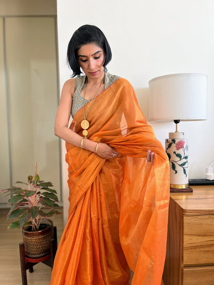 Shimmering Orange and Gold Cotton Zari Saree