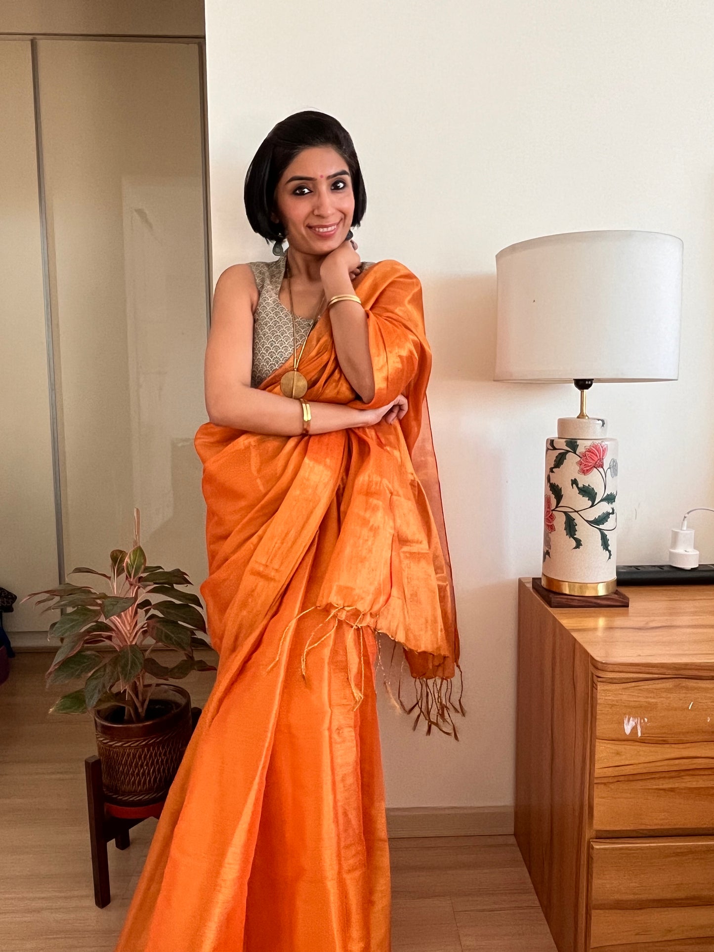 Shimmering Orange and Gold Cotton Zari Saree