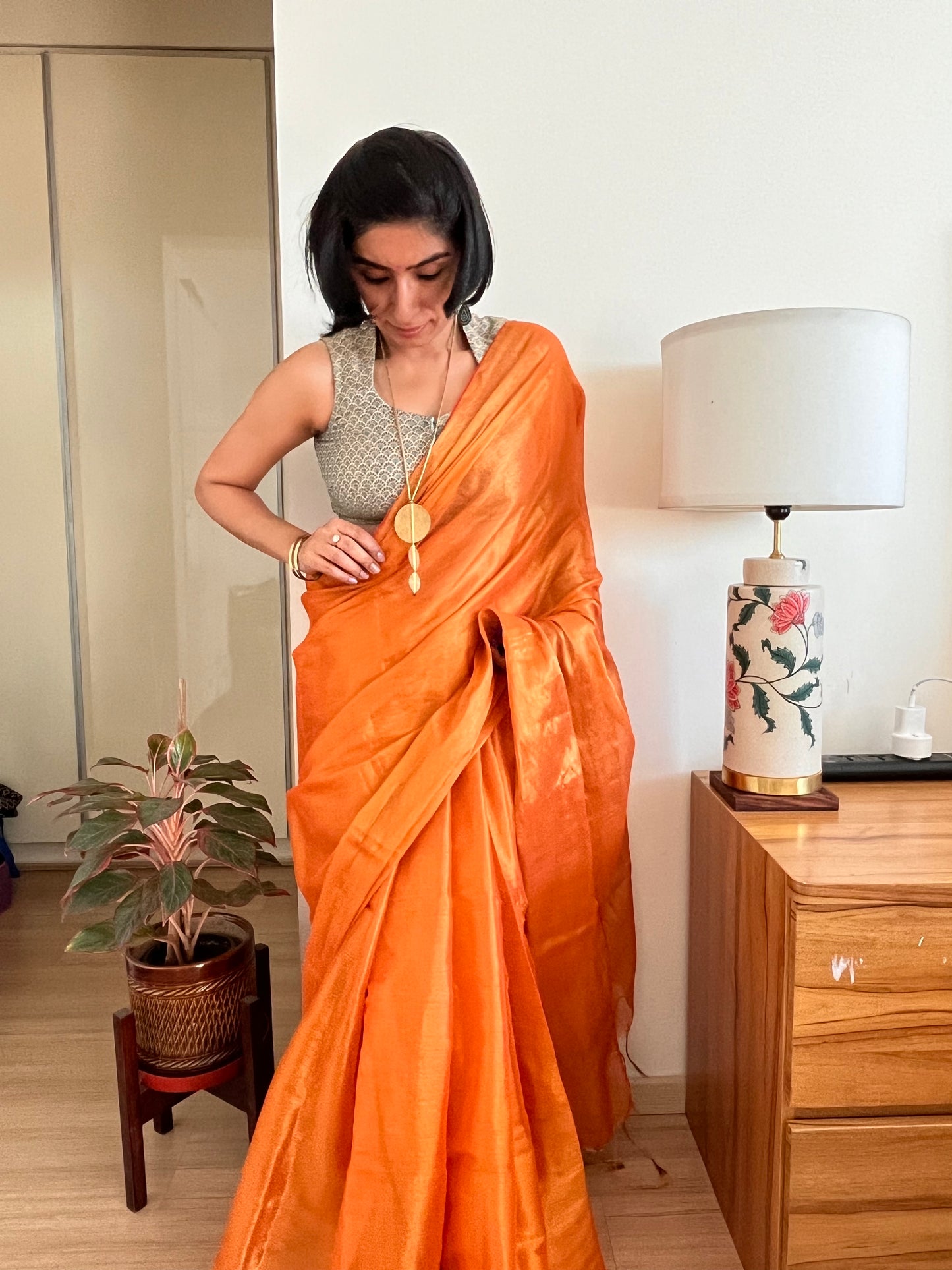 Shimmering Orange and Gold Cotton Zari Saree