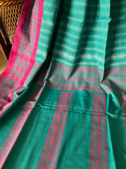 Teal and Pink Bengal Cotton Saree