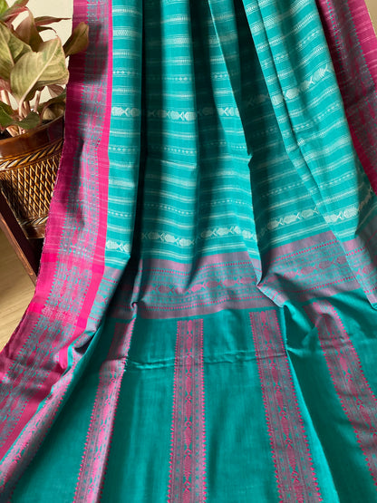 Teal and Pink Bengal Cotton Saree