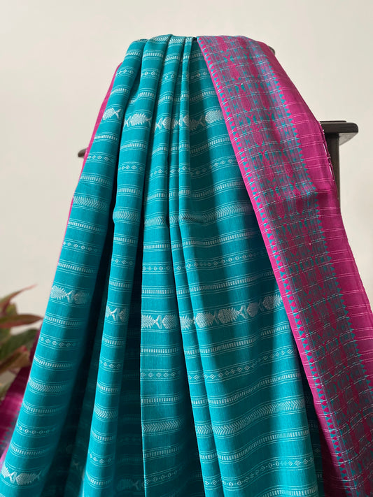 Teal and Pink Bengal Cotton Saree