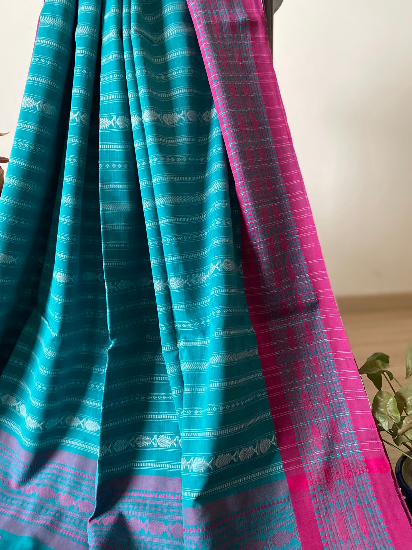 Teal and Pink Bengal Cotton Saree