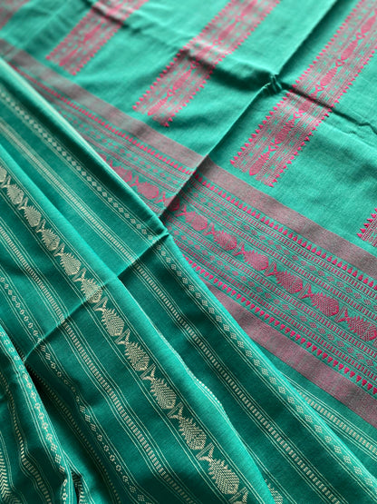 Teal and Pink Bengal Cotton Saree