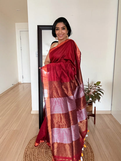 Maroon Khadi Cotton Saree