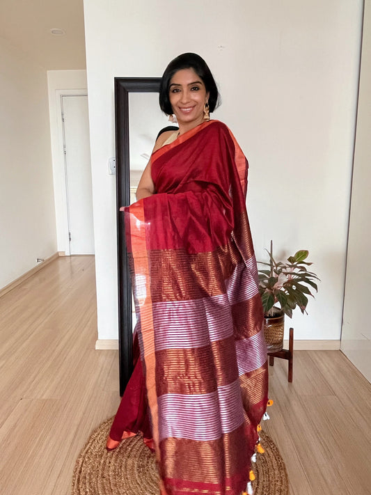 Maroon Khadi Cotton Saree
