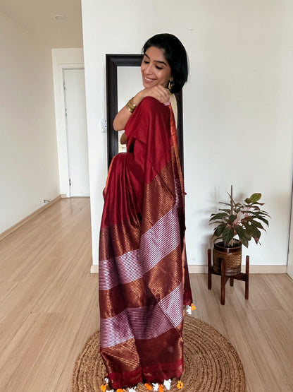 Maroon Khadi Cotton Saree