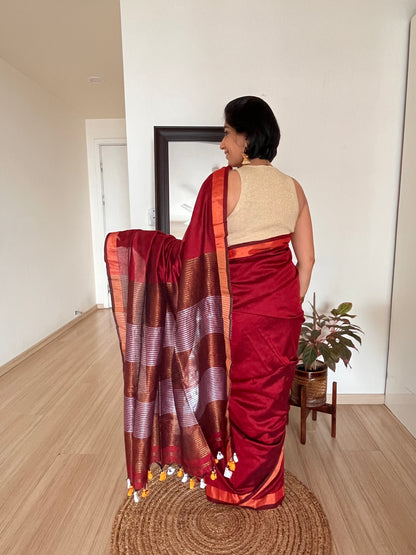 Maroon Khadi Cotton Saree