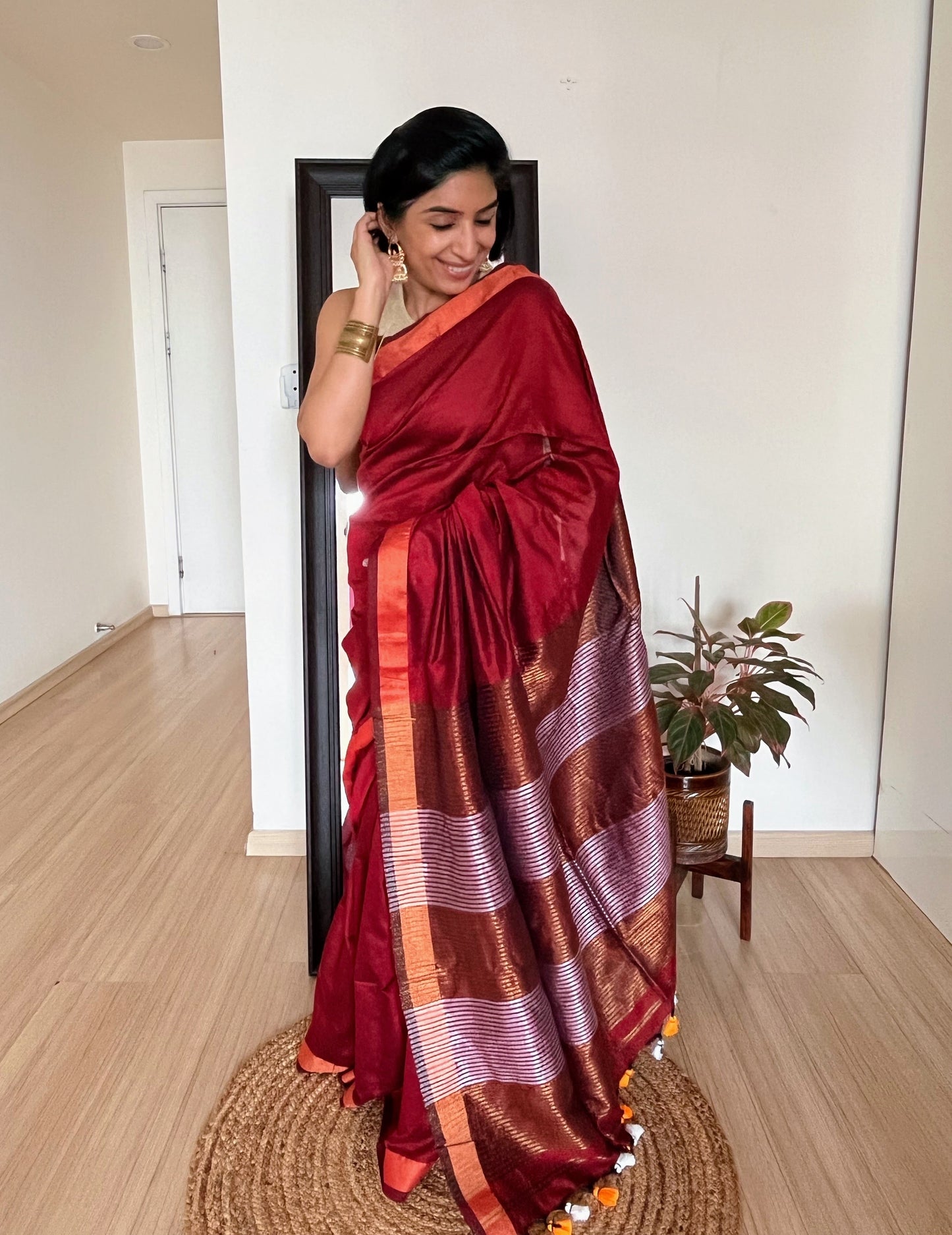 Maroon Khadi Cotton Saree