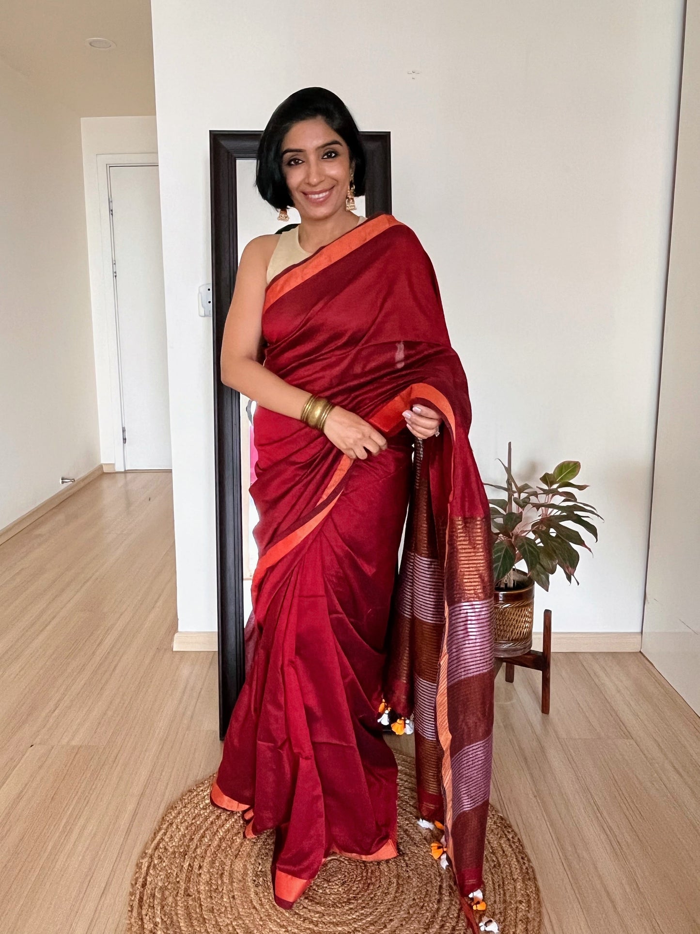 Maroon Khadi Cotton Saree