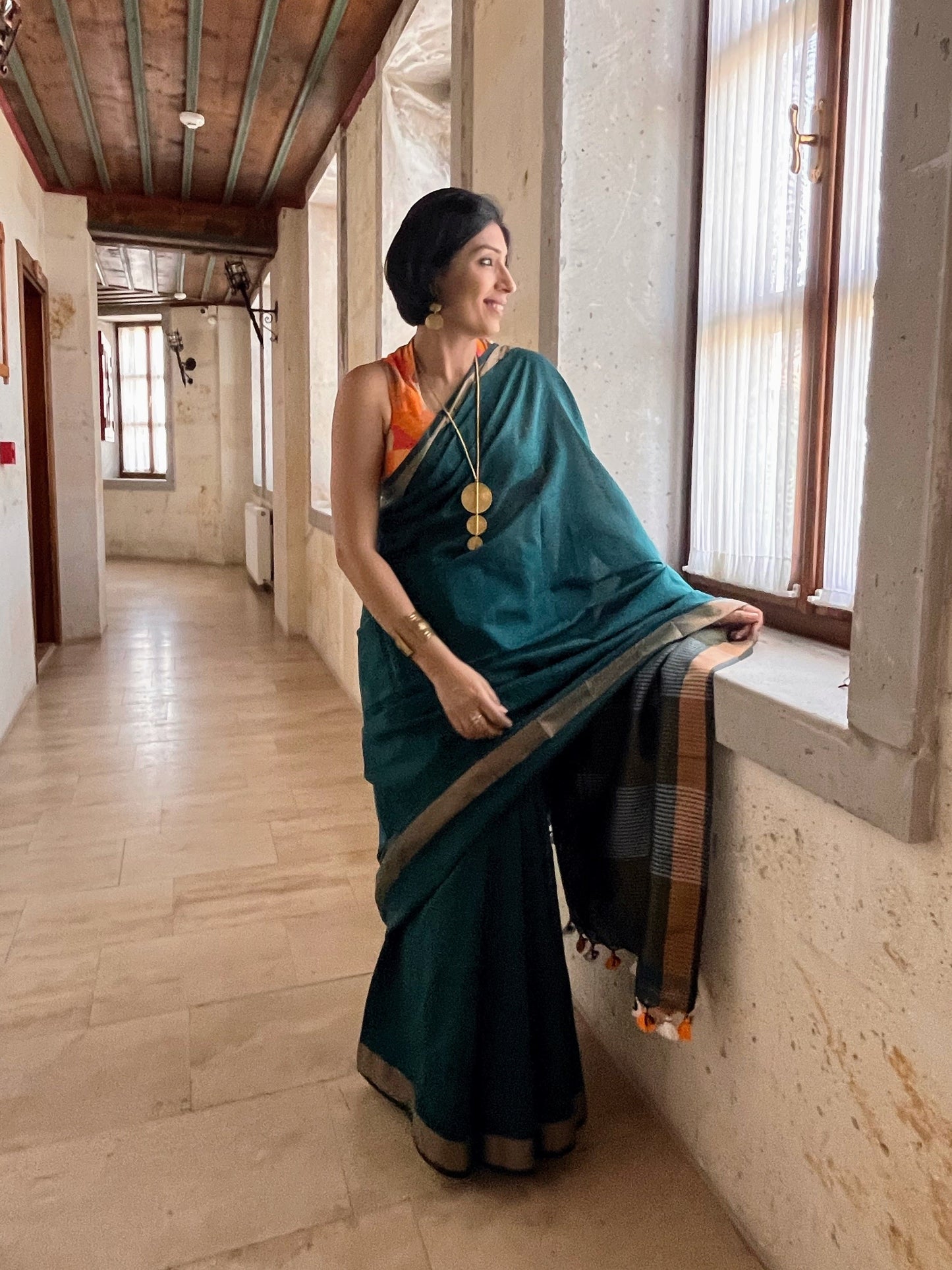 Bottle Green Khadi Cotton Saree