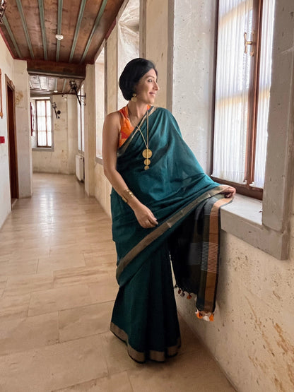 Bottle Green Khadi Cotton Saree
