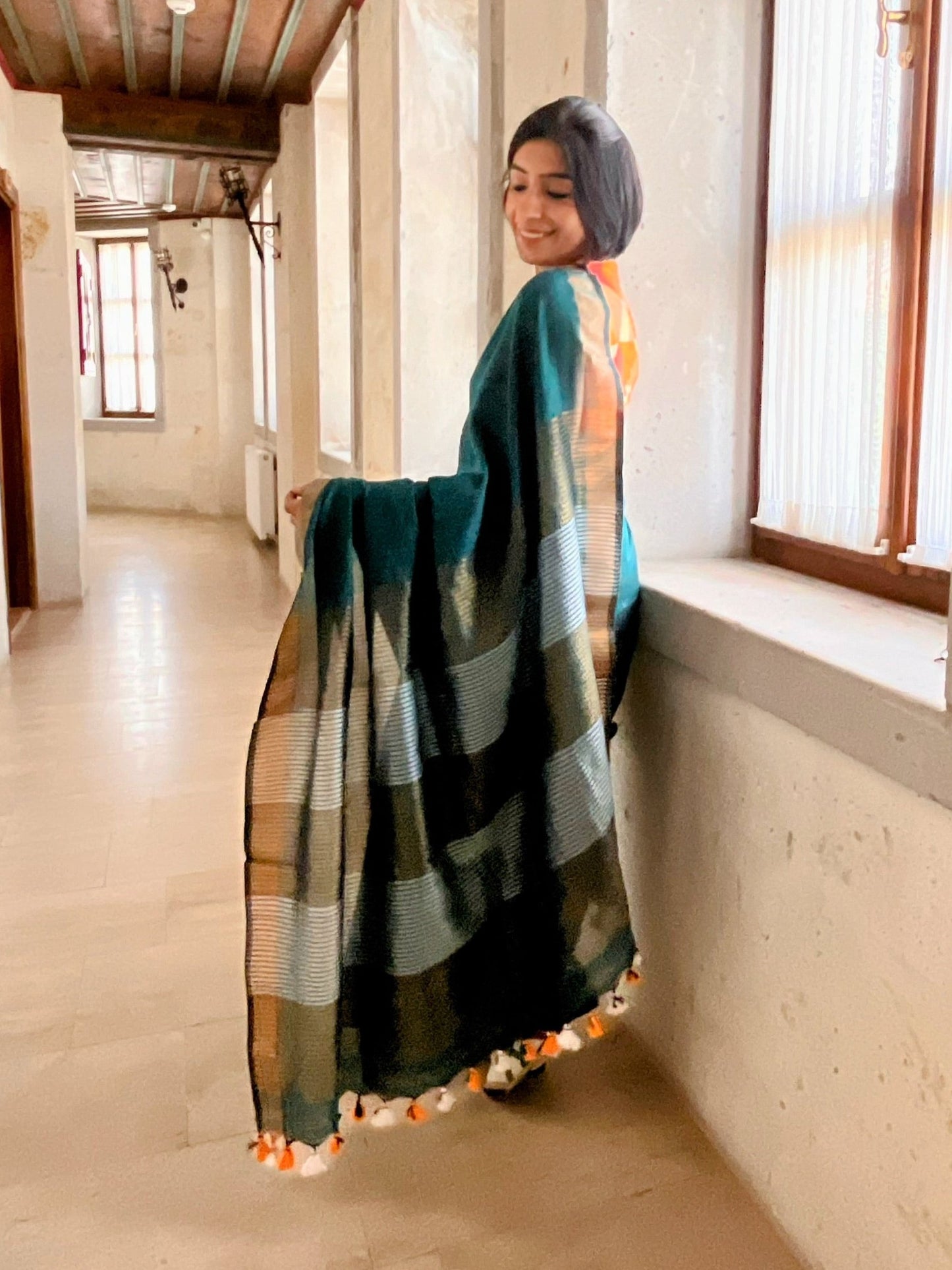 Bottle Green Khadi Cotton Saree