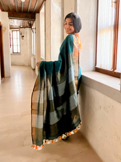 Bottle Green Khadi Cotton Saree