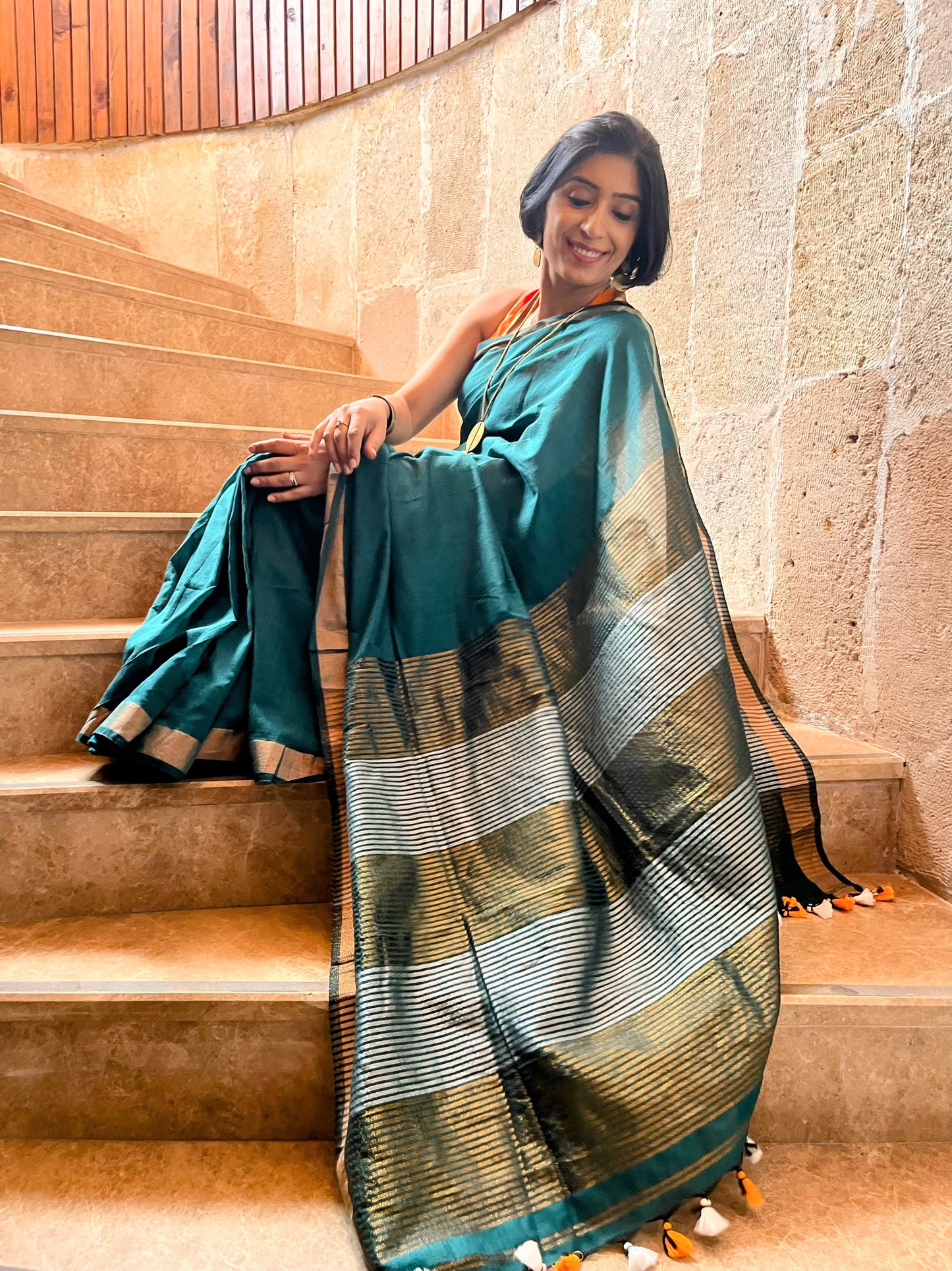 Bottle Green Khadi Cotton Saree
