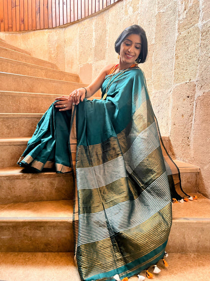 Bottle Green Khadi Cotton Saree